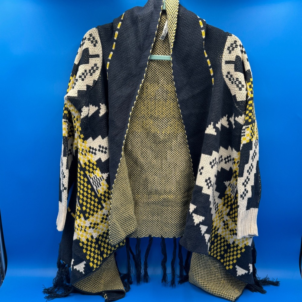 Leshop Women's Geometric Pattern Open Front Fringe Cardigan‎ Sweater Yellow Navy